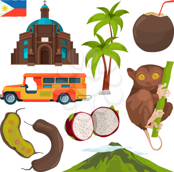 Vector set of colored symbols of philippines. Illustration of traditional architecture and animal tarsier