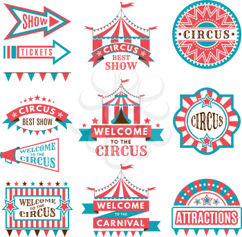Labels in retro style. Logos for circus entertainment. Carnival and circus entertainment, vector illustration