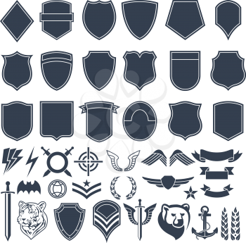 Set of empty shapes for military badges. Army monochrome symbols. Vector military badge and emblem, shield label armed illustration