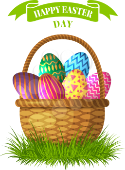 Easter concept illustration. Basket with colored eggs. Easter holiday, basket with colored eggs vector