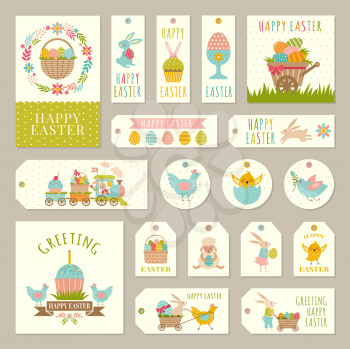 Labels, tags with illustrations of easter theme with rabbits, plants and colored eggs. Easter rabbit, spring holiday sticker with flower and animal vector