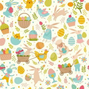 Cute easter seamless pattern. Vector easter holiday pattern with egg and basket illustration