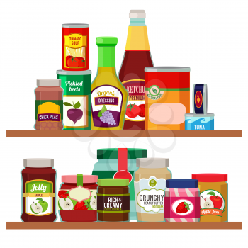 Supermarket foods. Grocery items on shelves. Supermarket food, store grocery. Vector illustration