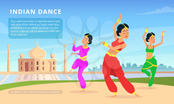 Urban traditional Indian landscape with beautiful dancers. Vector indian dancer traditional performance illustration
