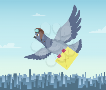 Mailing service with flying pigeons. Air delivery symbols. Vector pigeon with mail message, fly courier illustration