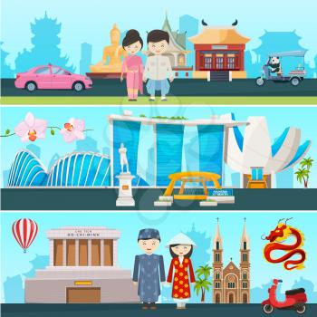 Banners illustrations of east countries vietnam, thailand and singapore. Building architecture and culture country of asian, cultural national east vector