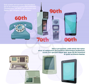 Visualization of technological progress. Banners set with different retro gadgets. Device gadget progress, retro phone and smartphone touchscreen. Vector illustration