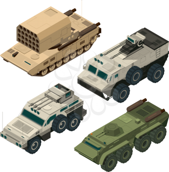 Isometric pictures of army heavy vehicles. Vector pictures set army vehicle, military transport illustration