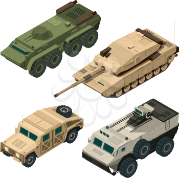 Vector isometric pictures set of different military vehicles isolate on white. Illustration of armored tank and car i with gun