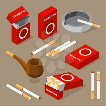 Vector isometric illustrations of cigarettes and various accessories for smokers. Smoke cigarette and tobacco isometric 3d