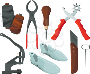 Different tools for shoe repair. Vector pictures in cartoon style. Illustration of shoe repair tools, shoemaker equipment