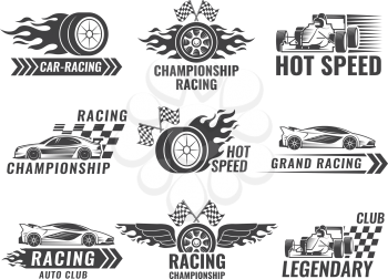 Trophy, engine, rally and others symbols for race sport labels. Vector rally sport label, winner champion flag, emblem banner car championship illustration