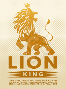 Poster with monochrome illustration of lion king. Design template with place for your text. Vector wild animal emblem, power mascot predator