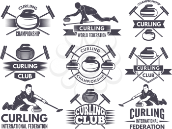 Monochrome badges of curling. Labels for sport teams. Curling sport competition badge of set. Vector illustration