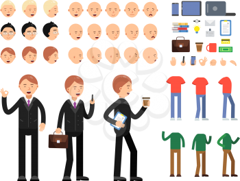 Vector constructor of business characters. Men in costume with different emotions and poses. Man constructor, business costume, pose and emotion illustration
