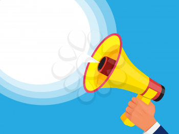Businessman holding megaphone in hand. Advertising template with picture of sound speaker. Megaphone and loudspeaker promotion or communication. Vector illustration