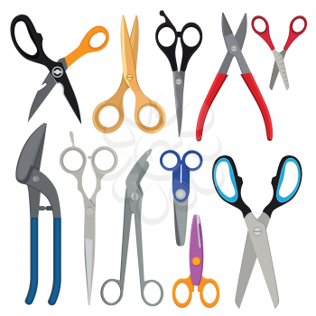 Vector illustrations of different types of scissors. Tools object for cut hair