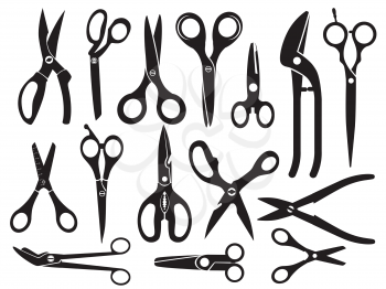 Monochrome pictures with different type of scissors for hairdressing, vector professional tool collection illustration