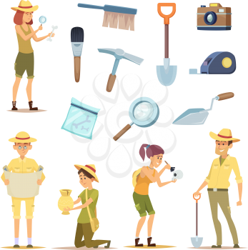 Archaeologists characters and various historical artifacts. Character archaeologist man, discovery in archaeology illustration