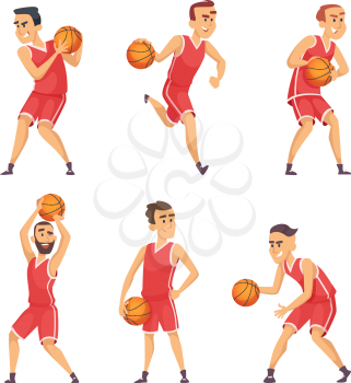 Illustrations set of basketball players. Vector sport game team, action people dribble with ball