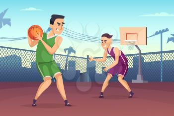 Background illustrations of basketball players playing on the court. Streetball sport game, player team vector