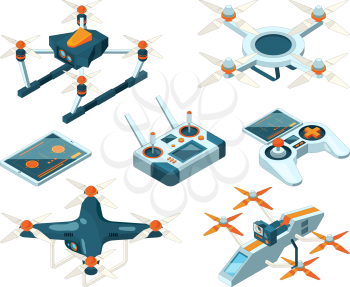 Isometric 3d pictures of drone copters. Vector quadcopters, unmanned aircrafts or remote flight robot with camera illustration