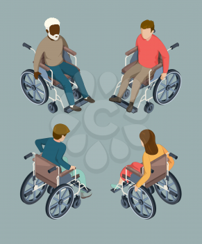 Disabled male and female people setting in wheelchairs. Isolated isometric vector illustrations. Disability man and woman, invalid adult