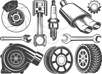 Monochrome pictures of engine, turbocharger cylinder and other automobile tools. Automobile engine, parts of machine. Vector illustration