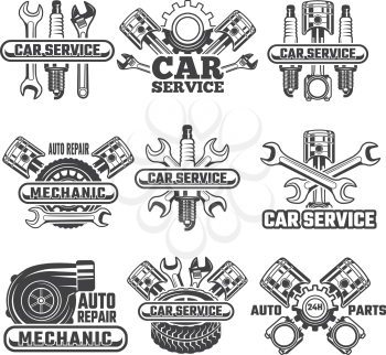 Design template of labels and badges with automobile tools and details. Vector auto transport icon service, motor automotive repair badge illustration