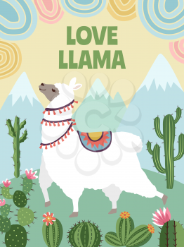 Background vector picture of llama, mountains and cactus. Cartoon illustrations for poster design template. Alpaca cute, wild lama with white