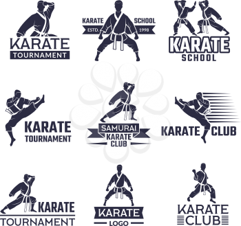 Sport labels set for fighting club. Karate and martial arts. Fighter athlete emblem, sportsman on badge. Vector illustration