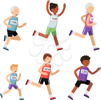 Running people of different ages. Sport characters. Marathon runner activity, people fitness sport. Vector illustration