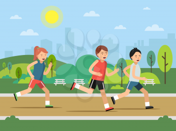Urban green park landscape with running peoples. Vector jogging and running, people outdoor healthy active illustration