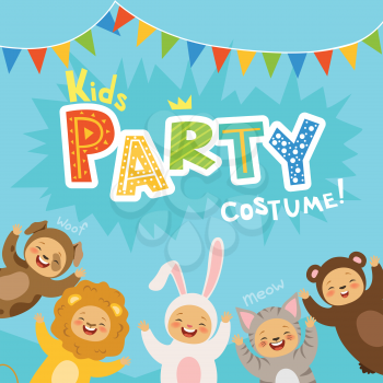 Kids party invitation with illustrations of happy childrens in carnival costumes of animals. Vector costume boy and girl character animal, party children