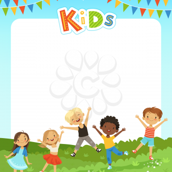 Background cartoon illustration with different kids and empty place for your text. Banner poster with children cartoon, boy and girl vector