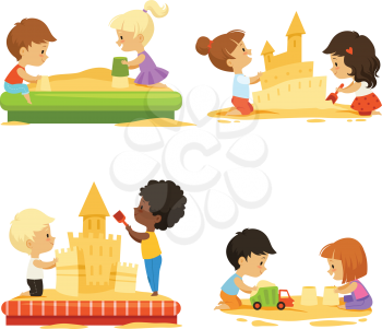 Summer time. Kids playing on beach with sand. Vector kids build castle, play in sand beach illustration