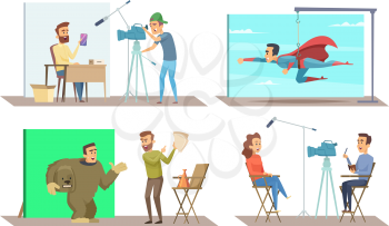Different characters at movie making production. Vector pictures set. Illustration of video operator with equipment in studio, making media