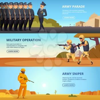 Banners set with illustrations of military characters and different specific tools. Vector army operation and parade poster, combat sniper man