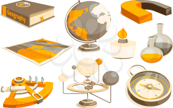 Symbols of science and geography. Tools for laboratory. Vector monochrome pictures set. Illustration of equipment measurement, instrument magnet and sextant