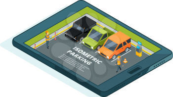 Concept picture of online paid urban parking. Tablet or phones apps. Vector car parking, smartphone touchscreen paid service carpark illustration