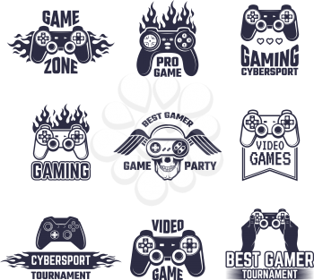 Cyber sport badges and labels. Pictures for gamers. Console and joystick. Vector of game zone for play with controller video illustration