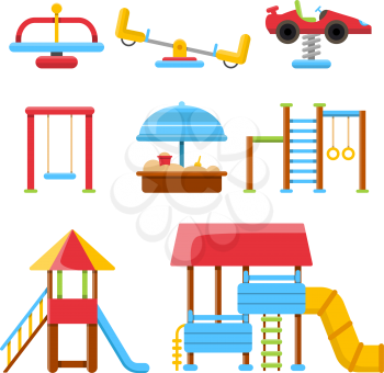 Equipment for childrens playground. Flat vector illustrations isolate on white background. Outdoor equipment play, swing and slide