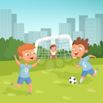 Active children playing football outdoor. Soccer game, young child, play with ball. Vector illustration