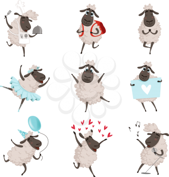 Funny cartoon sheeps in various action poses. Lamb mascot animal, character mammal adorable. Vector illustration