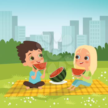 Kids couple sitting in the urban garden and eat some fruits. Picnic concept. Vector happy couple lifestyle illustration