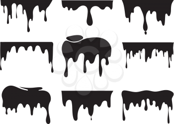 Illustrations of various dripping black paint. Vector pictures of splashes. Ink drip and blob, drop splash, splatter stain
