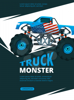 Monster truck poster. Design template of retro placard with illustration of monster truck. Transportation drive extreme, vehicle 4x4 vector