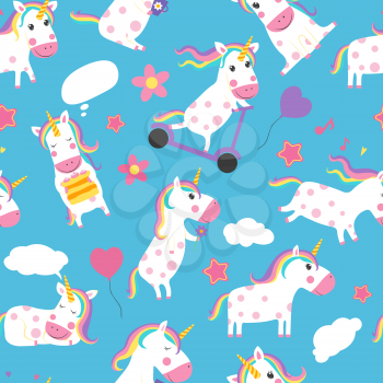 Unicorns seamless pattern. Various fairytale symbols with cute cartoon unicorns. Cute animal dream, illustration of magic horse illustration