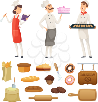 Bakers male and female at work. Characters in different poses. Cook baker profession, pastry and baguette bread, vector illustration