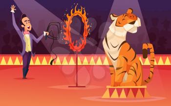 Cartoon characters of circus. Vector background illustration. Trainer with tiger on arena, tamer and animal